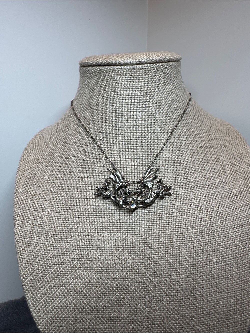 Dragon Wing Pendant Necklace in Silver with Crystal Bead
